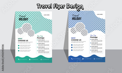 Modern A4 poster, green and blue colored travel flyer design template for travel agency 