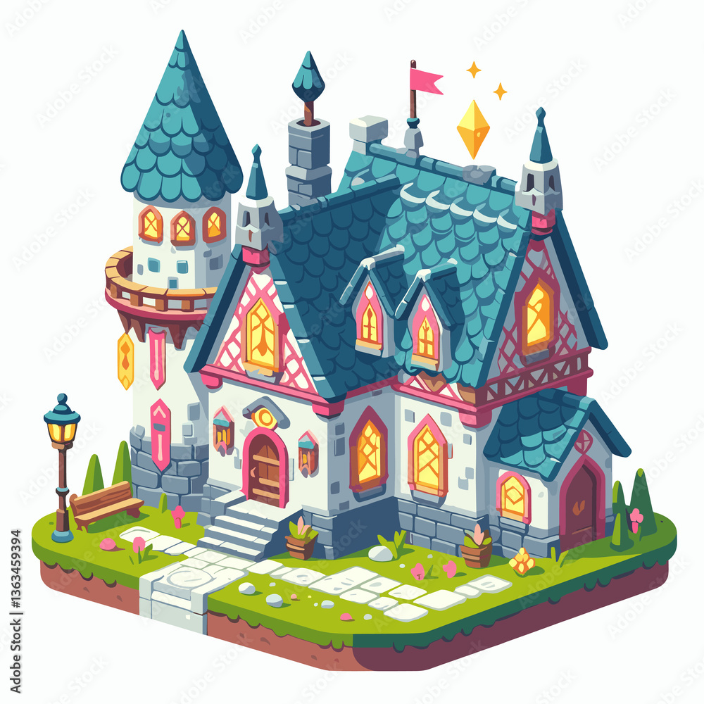 Naklejka premium A castle with a blue roof and pink trim