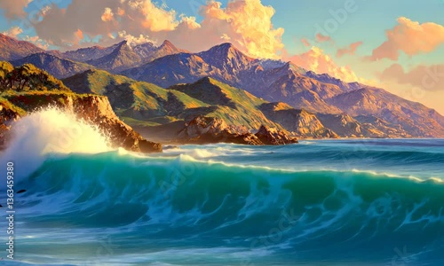 Serene coastal landscape featuring crashing waves against rocky cliffs under a colorful sunset sky