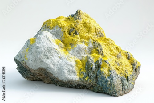 Rock Specimen Covered in Yellow Mineral Formation on White Background