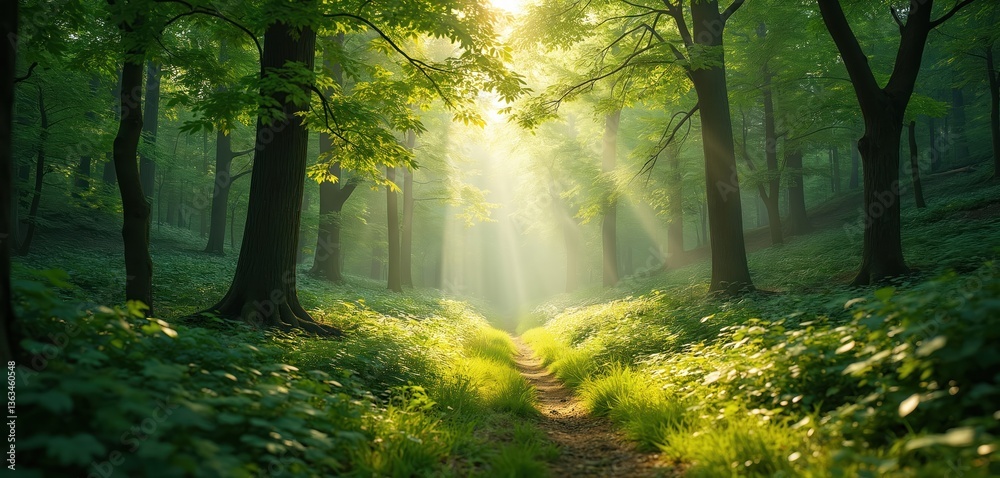 Sunlit forest path leads into sunlight rays through green foliage. Tall trees, fresh leaf, green grass create calm, peaceful atmosphere. Natural environment for nature, eco travel or weekend walk. Sunlit forest path leads into sunlight rays through green foliage. Tall trees, fresh leaf, green grass create calm, peaceful atmosphere. Natural environment for nature, eco travel or weekend walk.