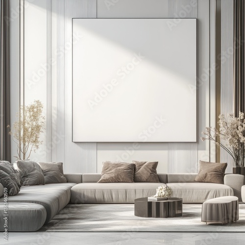 Modern living room with large blank canvas, sectional sofa, and coffee table.