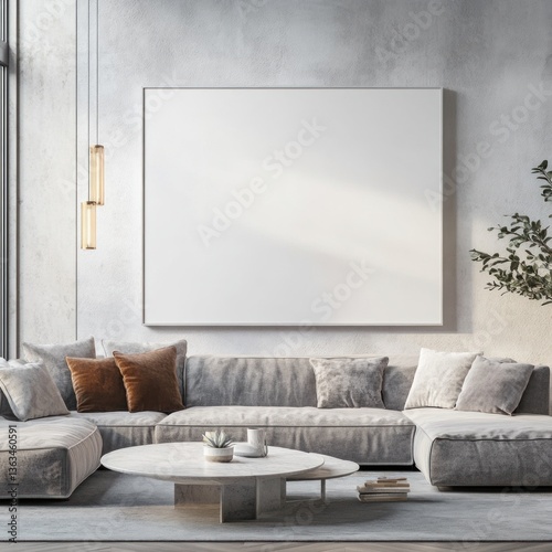 Modern living room with large blank canvas, sectional sofa, and coffee table.