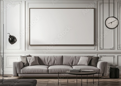 Modern living room with large blank canvas, sofa, and clock.