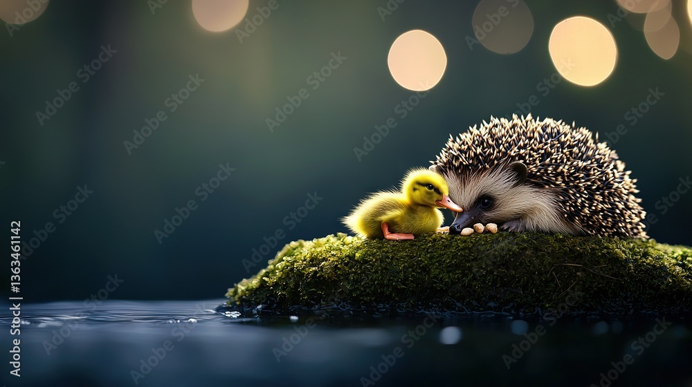 Obraz premium A hedgehog holding a duckling atop a mossy surface under a book of lights