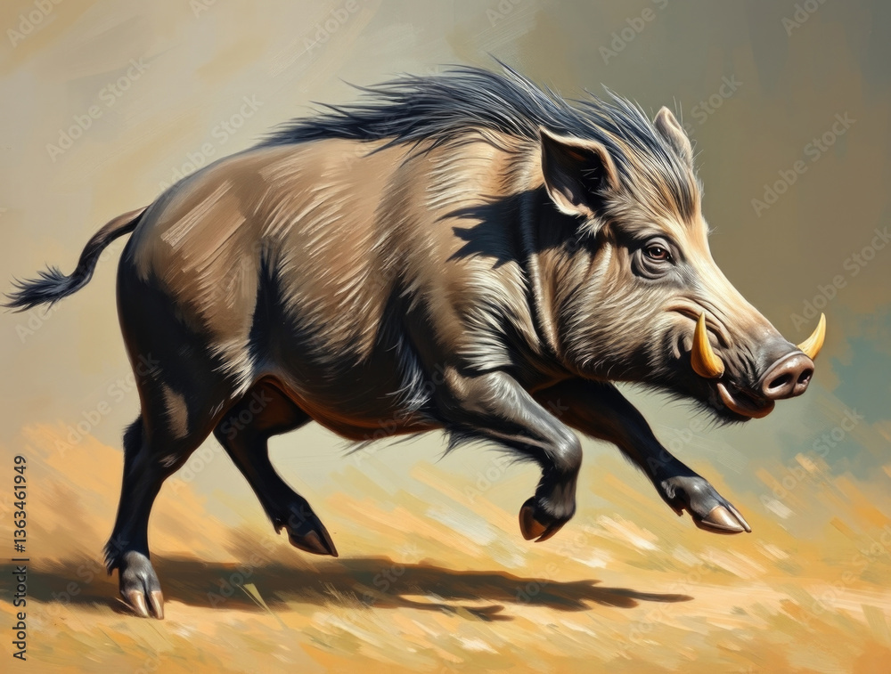 painting of a running wild boar with sharp tusks and bristly fur