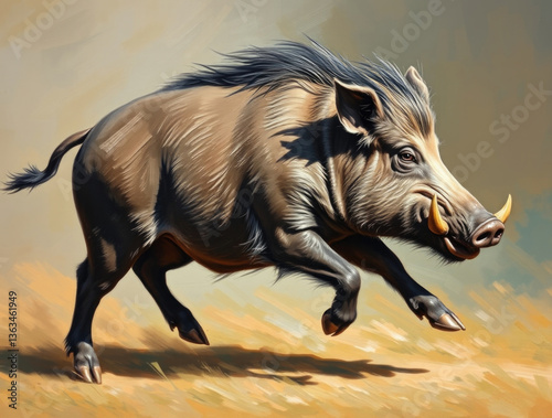 Obraz na płótnie painting of a running wild boar with sharp tusks and bristly fur w salonie