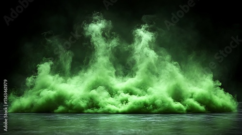 Green colored smoke rising on a reflective textured surface
