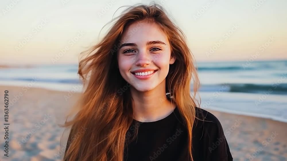 Young woman smiling joyfully on a beach at sunset, waves gently rolling in the background Young woman smiling joyfully on a beach at sunset, waves gently rolling in the background