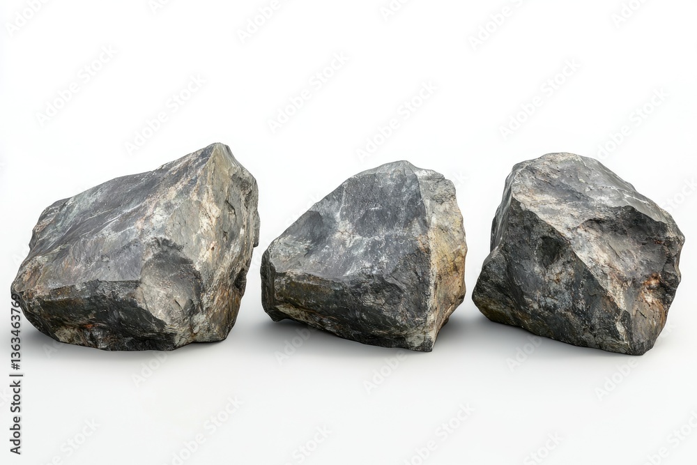 Three Gray Rocks Sitting on White Surface in Studio Setting Three Gray Rocks Sitting on White Surface in Studio Setting