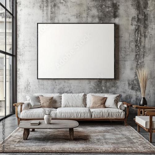 Modern living room with large blank canvas, white sofa, rug, and concrete wall.