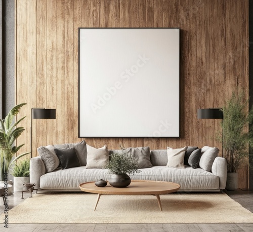 Modern living room with large blank canvas, wooden wall, sofa, and plants.