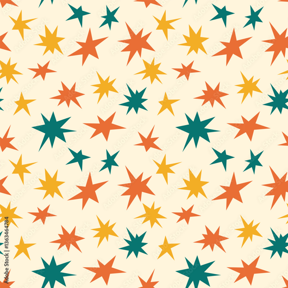 Seamless sharp star shape pattern. Geometric spiky stars in vintage colors. Abstract retro starburst Background. Perfect for fabric print, wallpaper, wrapping paper, package Seamless sharp star shape pattern. Geometric spiky stars in vintage colors. Abstract retro starburst Background. Perfect for fabric print, wallpaper, wrapping paper, package