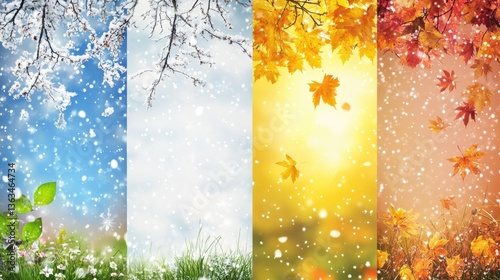 Showcasing the beauty of four distinct seasons in an elegant vertical format with changing landscapes and colors across spring, summer, autumn, and winter