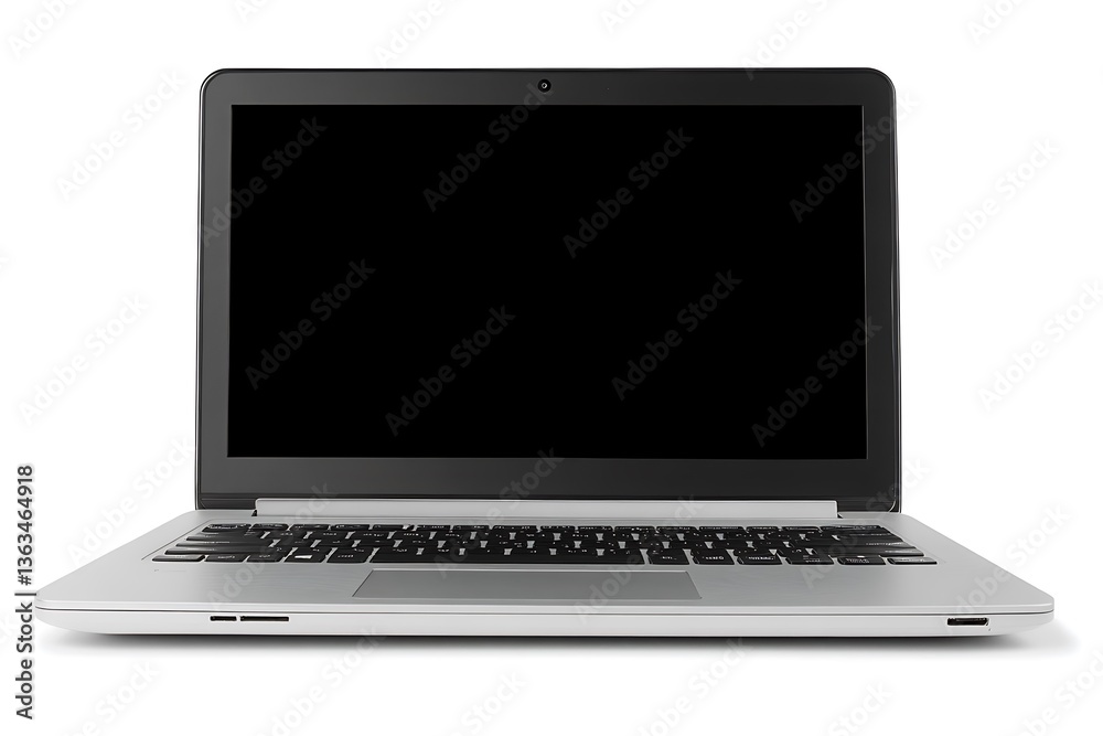 A silver and black laptop displaying a blank black screen A silver and black laptop displaying a blank black screen