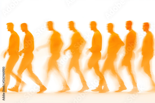 Row of walking prisoners in orange clothing fading into white light, symbolizing conformity, transition, and loss of individuality