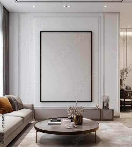 Modern living room with large blank canvas.