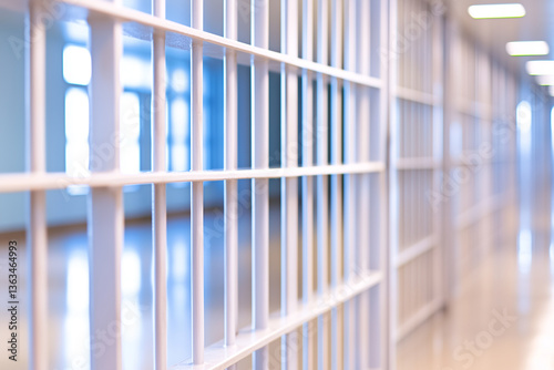 Close-up of metal prison bars in brightly lit corridor with modern architecture and reflections on polished floor