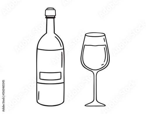 Wine bottle and wine glass doodle hand drawn icon. Outline drawing wine bottle and wine glass line clipart symbol