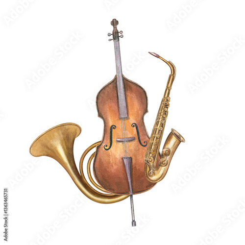 Photography Double bass, French horn and saxophone watercolor illustration isolated background