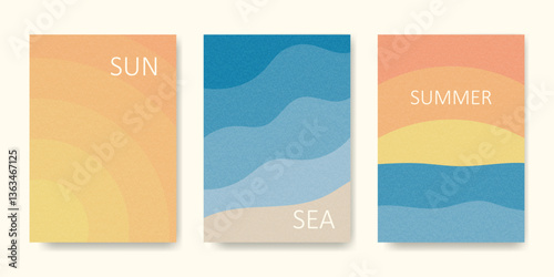 Aesthetic Summer poster set with geometric sun sea beach composition in retro colors. Sunset ocean texture Background. Template for packaging, posters, social media, travel design, ads, interior decor