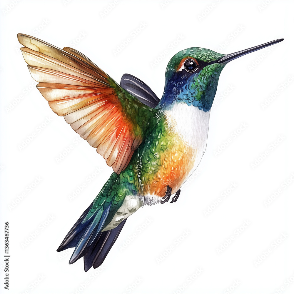 Obraz premium Watercolor realistic hummingbird, colibri tropical bird animal isolated on a white background illustration