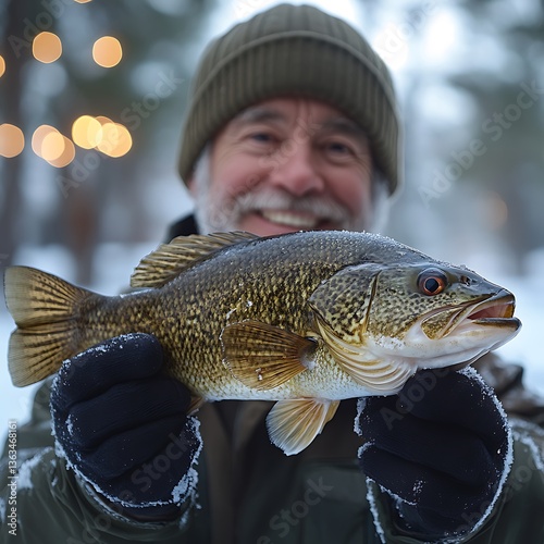 A happy fisherman holds up a freshly caught fish proudly