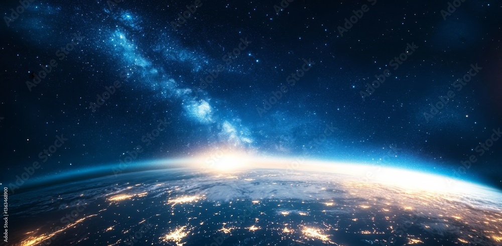 Obraz premium Glowing Earth in Space at Night with Stars and Blue Gradient Sky