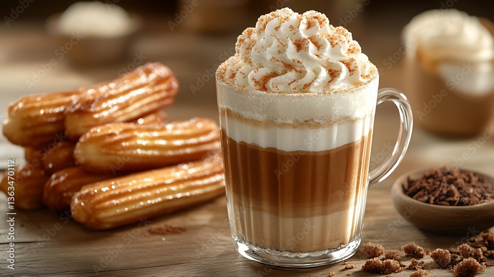 Coffee drink with churros on wooden table Coffee drink with churros on wooden table