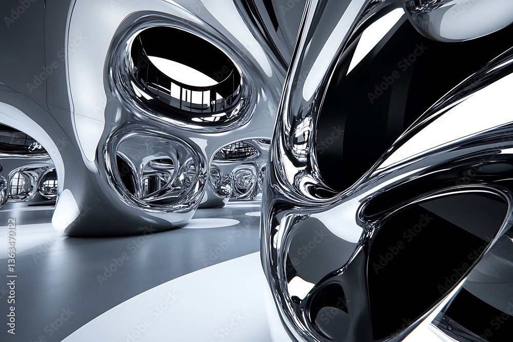 Futuristic architectural structure with reflective metal surfaces and complex shapes