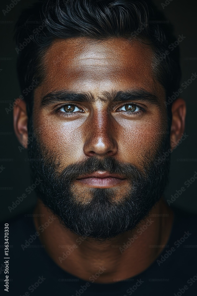 Obraz premium Close-up portrait of a man with a well-groomed beard and intense gaze against a dark background