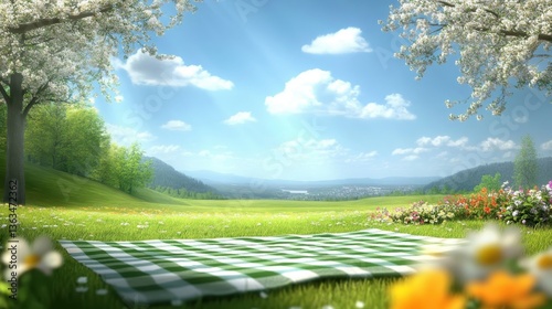 Green white checkered picnic blanket resting on grassy meadow, surrounded by blooming wildflowers and trees, sunlight filtering through soft clouds, creating serene springtime landscape