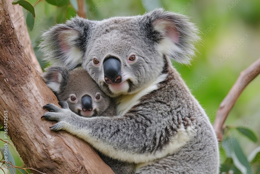 Obraz premium Koala Holding Baby in Natural Habitat Ideal for Wildlife Conservation Content and Australian Tourism Promotions