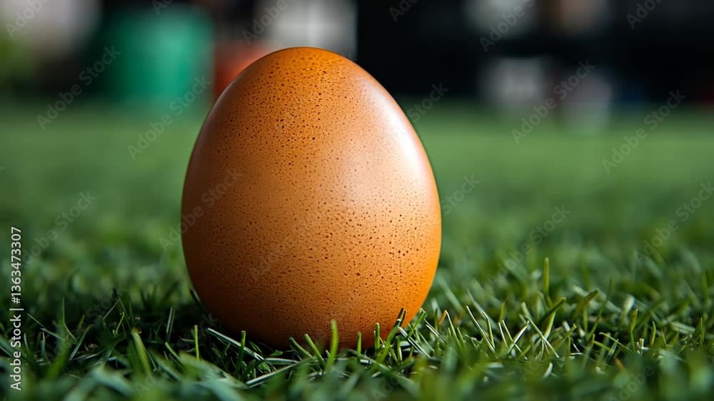 Brown egg on green grass, outdoor setting, close-up