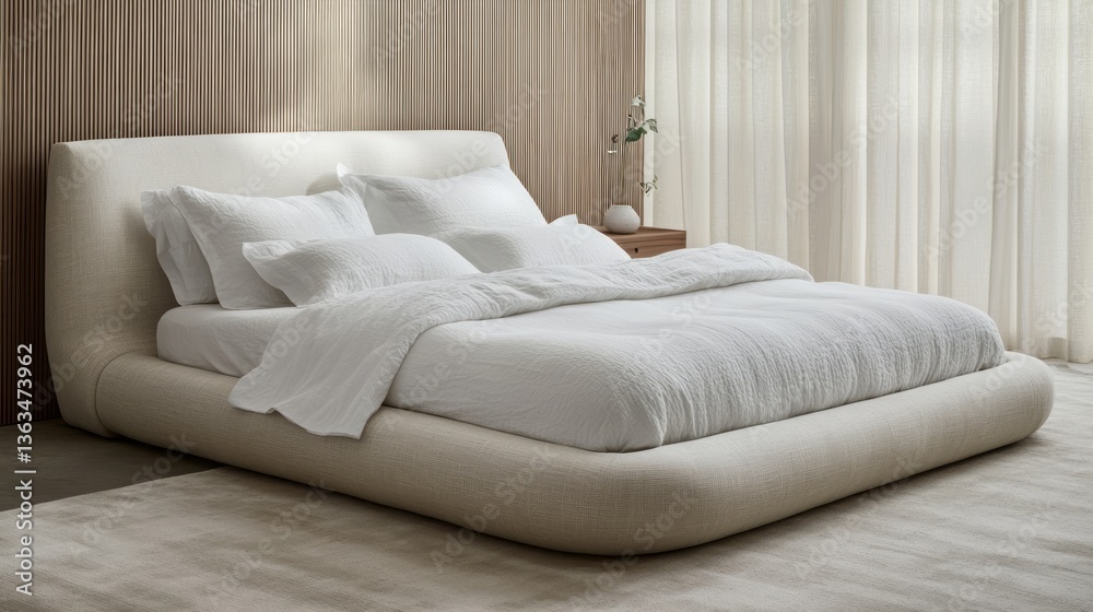 Fototapeta premium Upholstered platform bed adorned with crisp white linens stands elegantly
