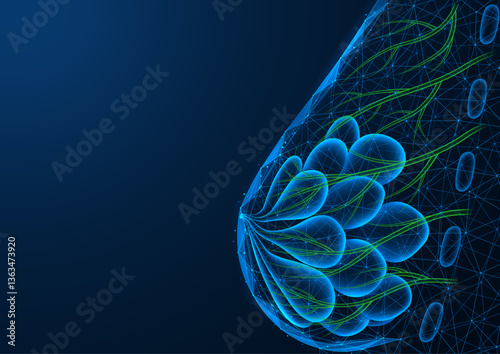 Lymph nodes of the breast. Low-poly design of interconnected lines and dots. Blue background.