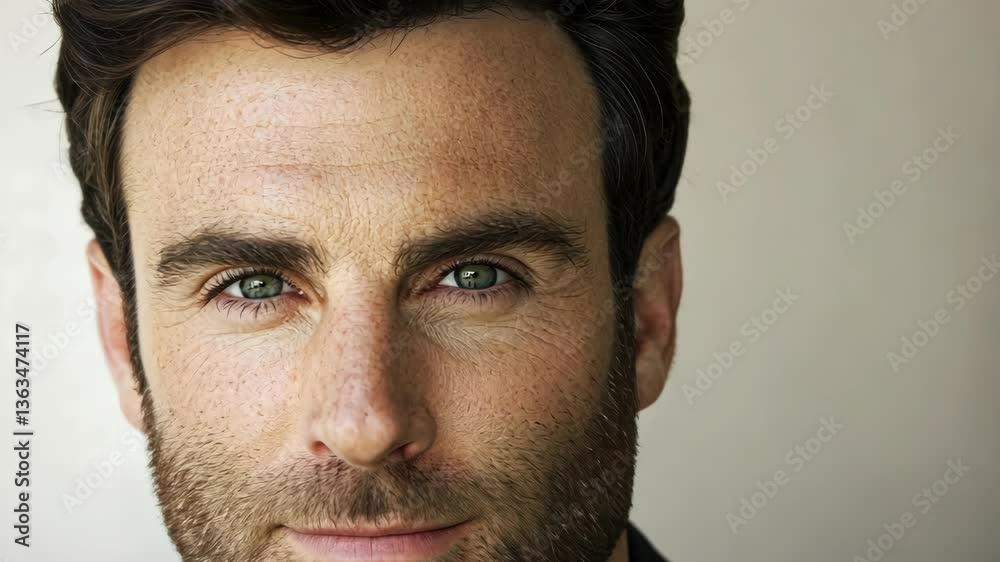 Close-up portrait of a man with dark hair and striking blue eyes, showcasing natural beauty and confidence in a neutral setting Close-up portrait of a man with dark hair and striking blue eyes, showcasing natural beauty and confidence in a neutral setting