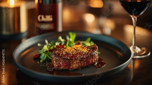 Gourmet Steak Dinner with Red Wine and Elegant Candlelit Ambiance