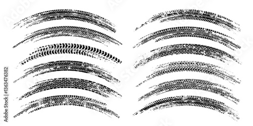 Grunge tire tracks, wheel braking marks. Truck, car or motorcycle tread pattern silhouettes. Auto race, motorsport, speed racing design element. Vector illustration
