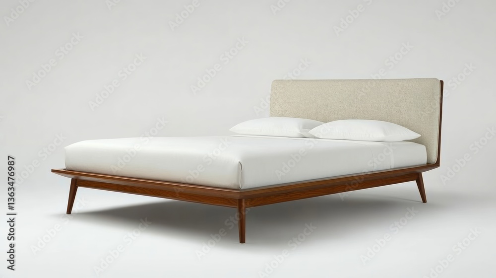 Modern platform bed with upholstered headboard and white linens Modern platform bed with upholstered headboard and white linens