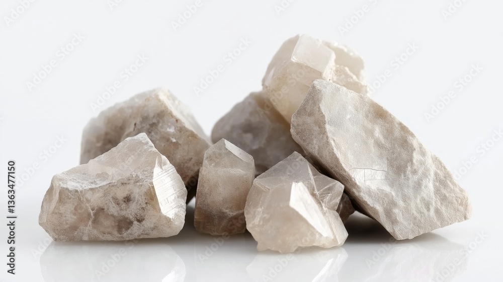 Nuggets of quartz crystals isolated on a bright white background showcasing natural textures and formations