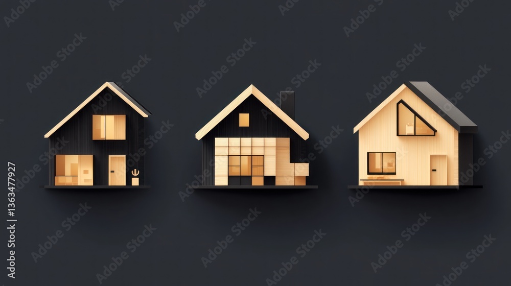 Three minimalist houses in gold and black on a dark background for property sales Three minimalist houses in gold and black on a dark background for property sales