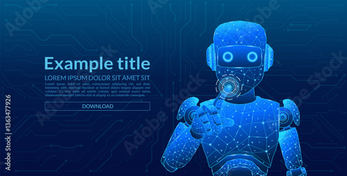 Technological blue polygonal futuristic assistant robot, AI digital robot clicking with finger on the screen technology background, technological innovation background, technology background