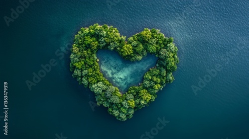 Heart Shaped Island Surrounded by Ocean, Aerial Drone View of Romantic Tropical Nature Concept
