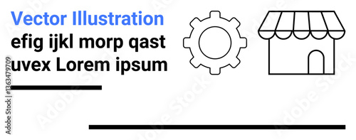 Gear and shopfront icons alongside placeholder text in clean layout. Ideal for business, innovation, retail, e-commerce, technology, strategy, simple landing page