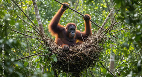 Bornean Orangutan Constructing a Cozy Nest Amidst Lush Rainforest Foliage