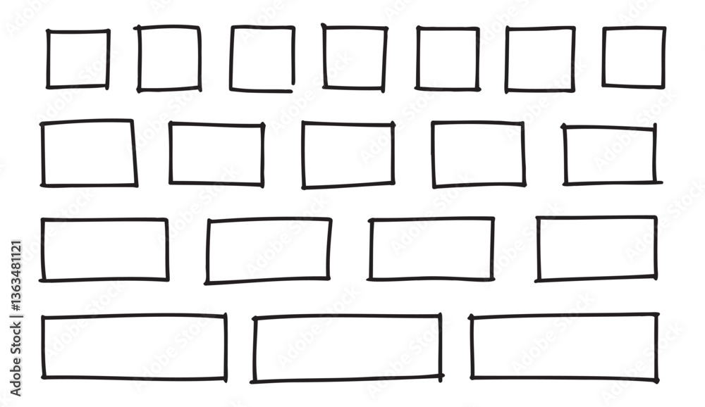 Free outline hand drawn vector squares, rectangles different sizes. Scribble rectangular frames set. Freehand square borders. Text highlight underline. 