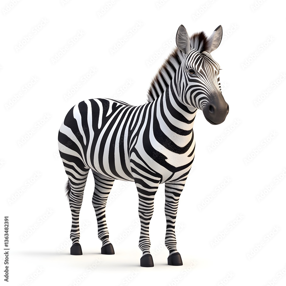 Striped Zebra Standing Isolated on White Background Wildlife Animal