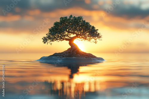 Silhouette of lonely tree on small island, surrounded by calm water, against sunset. Warm gold and orange hues create an atmosphere of privacy, harmony and peace. photo