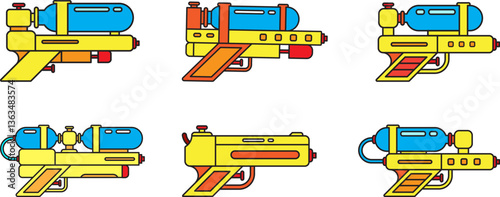 a collection of colorful water guns in different designs. A fun and vibrant illustration suitable for summertime themes design for songkran in thailand.